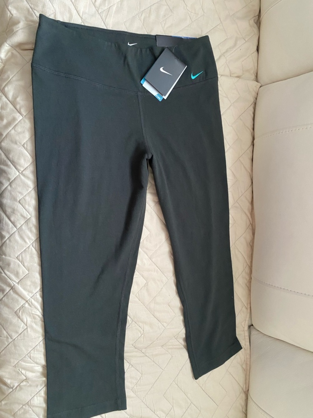Nike Black Capri Leggings with Teal Swoosh
